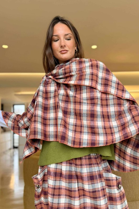 Roberta Plaid Brushed Cotton Drape Cape Amber